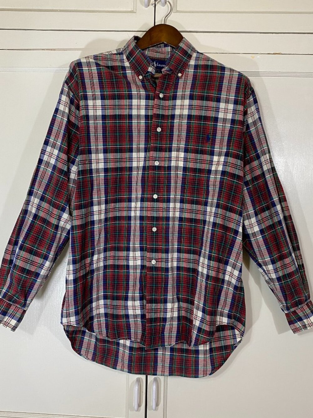 Vintage RALPH LAUREN Blaire Plaid Button Down Red Green Shirt Mens L Cotton Pony